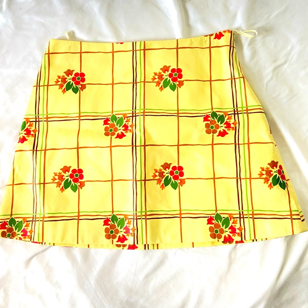 Miu Miu leather canary yellow flower print mini skirt